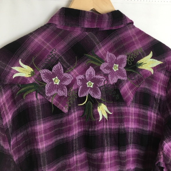 Stetson Plaid Button Down Shirt Floral Embroidered Western Cowgirl Women’s Sz XL - Picture 12 of 13